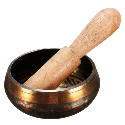 1Set Buddhism Yoga Tibetan Hammered Chakra Meditation Singing Metal Brass Bowl With Hand Stick Wooden Beater Decor Craft 8x4cm